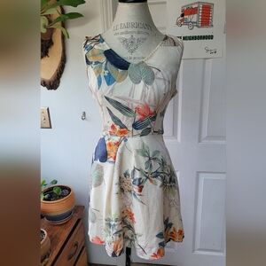 eShakti Tropical Floral Open Back Mini Dress Cream Cotton Size 8